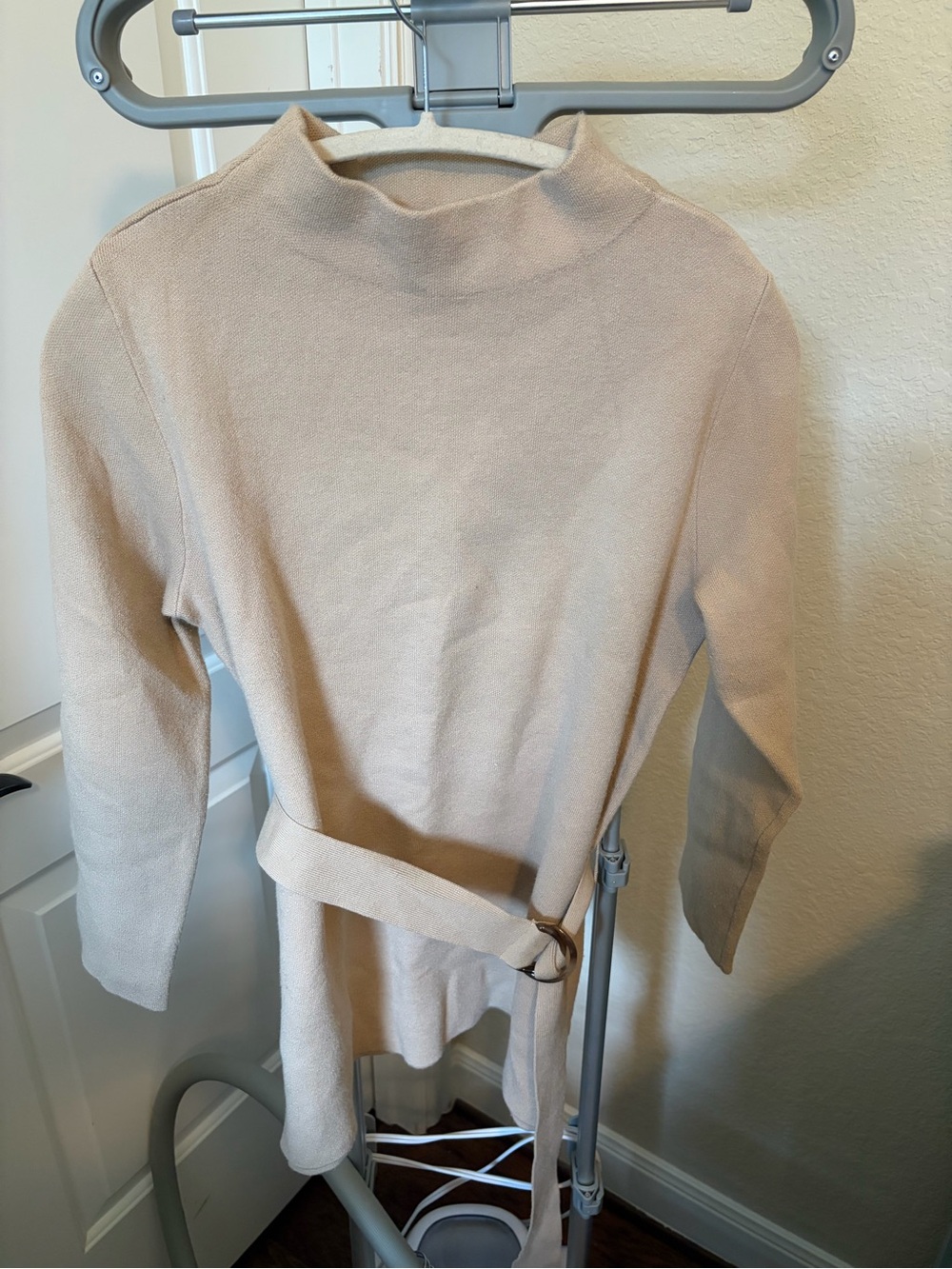 Ann Taylor Cream Mock Neck Belted Sweater
